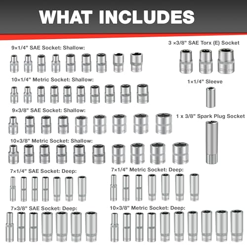 Image of EACELIY 122Pcs 1 /4 inch & 3 /8 inch Drive Impact Socket Set, Ratchet Socket Wrench Set with Extention Bar, Adapter, Screw Bits,Drive Bit Holder, Spark Plug Socket,CR-V