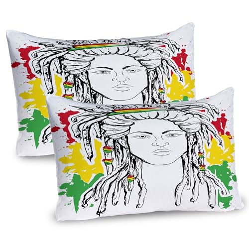 Ambesonne Rasta Pillow Sham Set of 2, Grunge Ethiopian Flag Colors with a Black and White Sketchy Girl Image, Quality Microfiber Bedding Item for All Seasons, 36