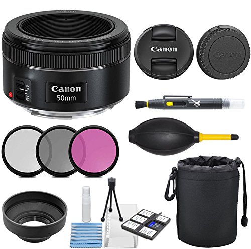 Canon EF 50mm f/1.8 STM Lens with 3pc Filter Kit (UV, CPL, FLD), Deluxe Lens Pouch, Lens Hood, Deluxe Cleaning Kit, Lens Accessory Bundle