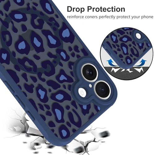 Image of KANGHAR Case for iPhone 16 Blue Leopard Printed Pattern | Cute Cheetah [Compatible with Magsafe] Protective Magnetic Case for Girls Women 6.1 inch