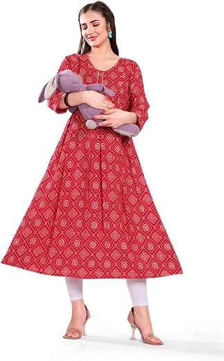 M5M Cotton Rayon A-Line Flaired Maternity Feeding Kurti for Women with Zippers | Maternity Dress in Breathable Fabric for ...