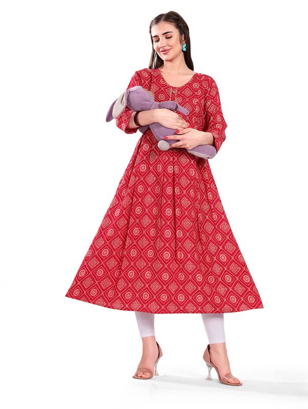 M5M Cotton Rayon A-Line Flaired Maternity Feeding Kurti for Women with Zippers | Maternity Dress in Breathable Fabric for ...