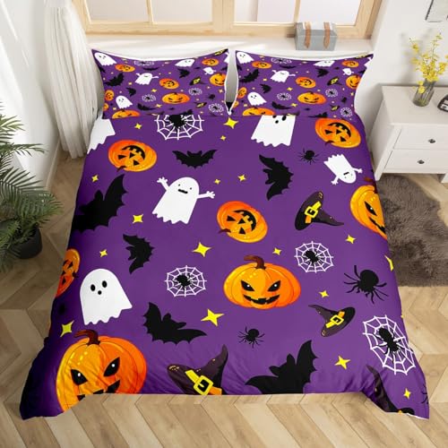 Manfei Cute Halloween Duvet Cover Set King Size, Pumpkin Lantern Ghost Bedding Set 3pcs for Kids Boys Girls, Black Spider Bat Comforter Cover Soft Polyester Quilt Cover with 2 Pillowcases,No Comforter