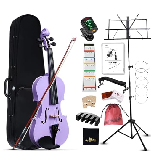 Aileen 4/4 Violín de Tamaño Completo para Principiantes Adultos, Kit de Violín para Niños de 12 Años o Más, Estudiante Conjunto Morado con 13 Accesorios, incluyendo Soporte, Pegatina Nueva