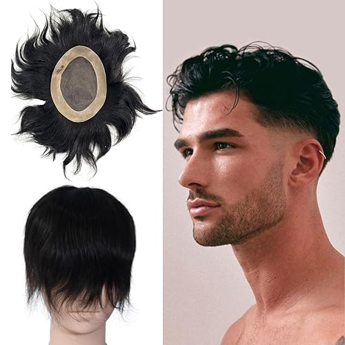 Beuni Smart Hair Patch for Men, Monofilament Apollo Mono Wig in 100% Natural Human Hair, Long Lasting Base Soft Fit (Colour: Natural Black) (10x8)