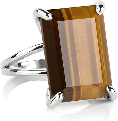 Rectangle Tiger Eye Crystal Ring - Handmade Rings Sterling Silver - Statement, Natural Gem, Bohemian, Everyday Fashion Rings - Customizable Unique Jewelry for Women