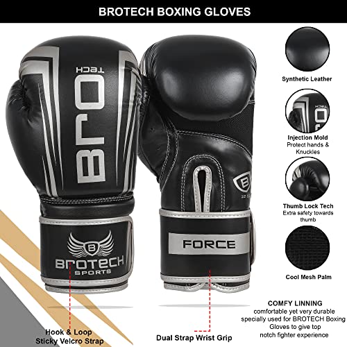 Brotech Force Boxing Gloves For Men & Women, Training, Sparring, Punching, Heavy Bag, Focus Mitts Pads Workout - Kickboxing, Muay Thai, Mma - Multi Layered With Ventilated Palm (8 Oz, Black Silver) #TOP1