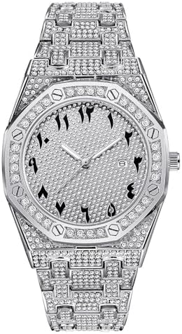 Hip Hop Watches for Men Octagon Iced-Out Bling Diamond Luxury Quartz Watches with Date