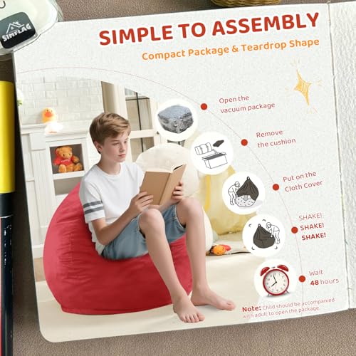 2FT Bean Bag Chair, Comfy Bean Bag Chairs with Memory Foam Filled, Fluffy Beanbag Sofa with Dutch Velvet Cover, Teardrop BeanBag Chairs for Living Room, Playroom - Red