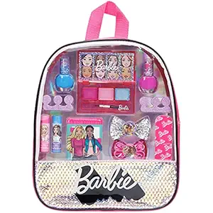 Barbie - Townley Girl 15 Pcs Makeup Filled Backpack Cosmetic Gift Set with Mirror includes Lip Gloss, Nail Polish, Hair Bow & more! for Kids Girls, Ages 3+ perfect for Parties, Sleepovers & Makeovers