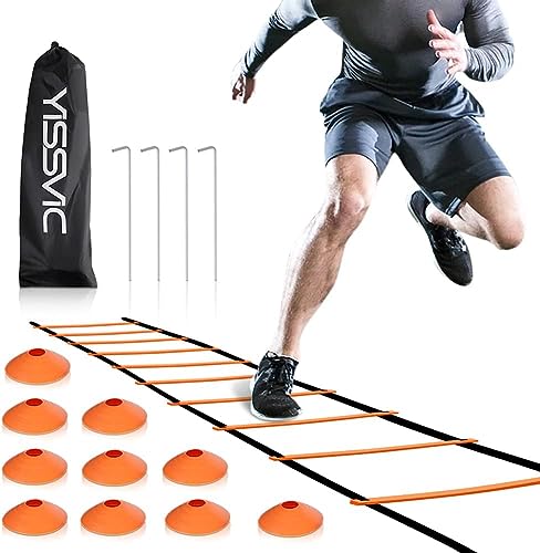 YISSVIC Kit Entrenamiento Futbol Juego Escalera de Agilidad 6 m 12 Peldaños con 10 Conos 4 Postes para Niños y Adultos