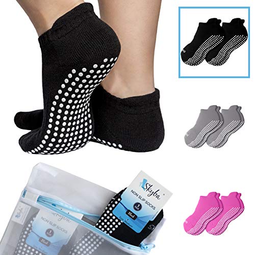 Skyba Non Slip Socks for Women - Barre, Pilates, Yoga, Hospital - Sticky Anti Skid Grip Socks [Three Sizes] (Women's Shoe Size 4-6, 2 Pairs- Black)