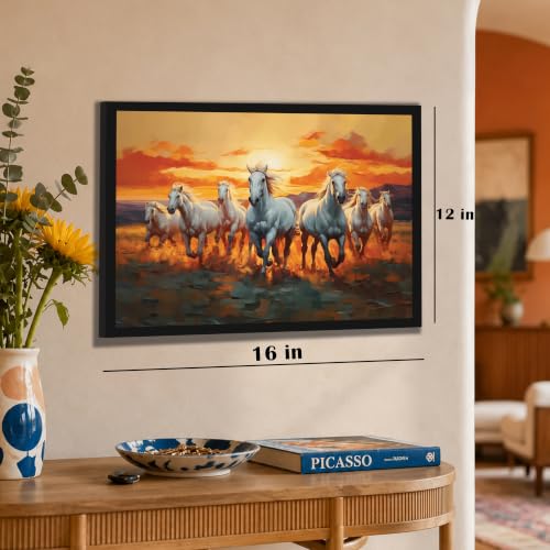 Image of PAINTINGMANTRA 7 Running Horses Vastu Framed Wall Art Painting For Living Room, Seven White Horses Poster with frame for Wall, Decoration item for bedroom, 13x17.5 Inch