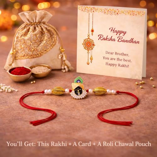 Image of JAIPUR ACE Elegant Designer Rakhi for Brother with Premium Beads and Traditional Motif, Raksha Bandhan Gift Set with Roli Chawal and Card,Stylish Festive Rakhi for Men and Boys (Krishna Rakhi)