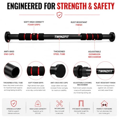 Image of Pull up Bar for Home for Kids & Adults [100 KG] | Pull up Bar Wall Mounted with Anti-Skid Grip | No-Drill Installation Pull-up Bars for Home Workout | Gym Equipment for Home Workout (62-100 CM)