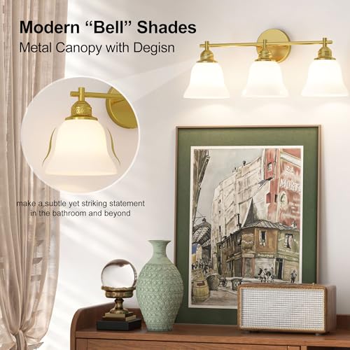 Image of Bathroom Lighting Fixtures Over Mirror, 22 inch,3-Light, Brushed Gold Modern, with Frosted Glass Shade, for Mirror Kitchen Living Room Hallway Cabinet Porch