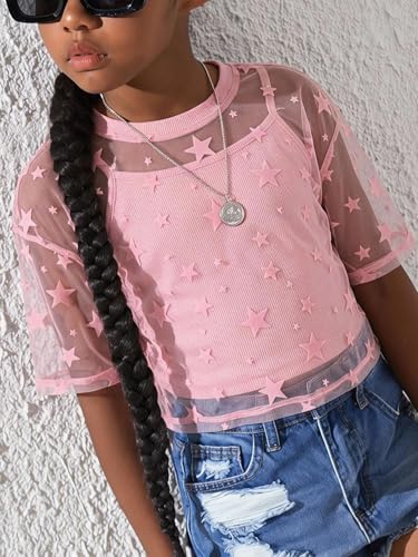 Image of BEAUDRM Girl's 2 Piece Set Star Graphic Sheer Mesh Shirt Crew Neck Short Sleeve Crop Top with Camisole
