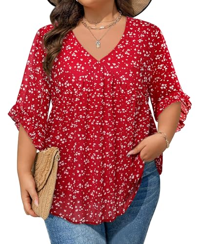 Siddhe Womens Plus Size Tops 3/4 Ruffle Sleeve Blouses V Neck Chiffon Shirts Babydoll Dressy Casual Tunic Top XL-5XL