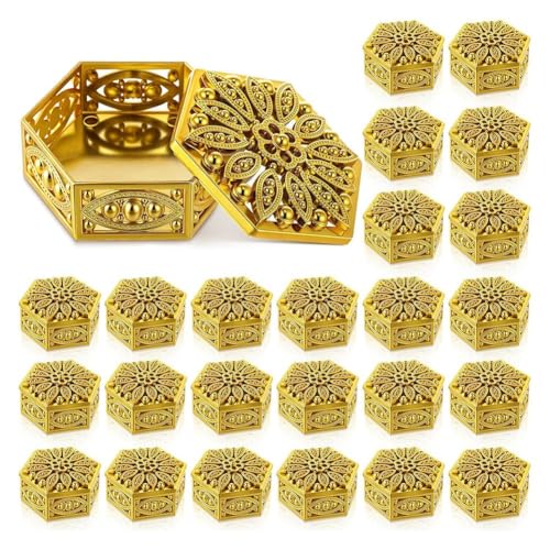 Buhdjfnke Caja hexagonal para Pooja - 24 piezas de regalos indios grandes ahuecados dorados contenedores de caramelos