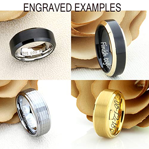 Personalized Custom Engraving Men's Women's Tungsten Wedding Band Engagement Ring 8mm Beveled Edge Black IP Plated with Blue & Black Carbon Fiber Inlay3