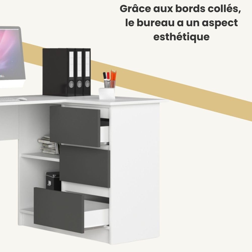 AKORD Bureau d'angle avec 2 étagères et 3 Tiroirs | Table avec Meuble de Rangement intégré et modulable | L124 x H77 x P85 | Fourniture Bureau | Blanc & Graphite Façade