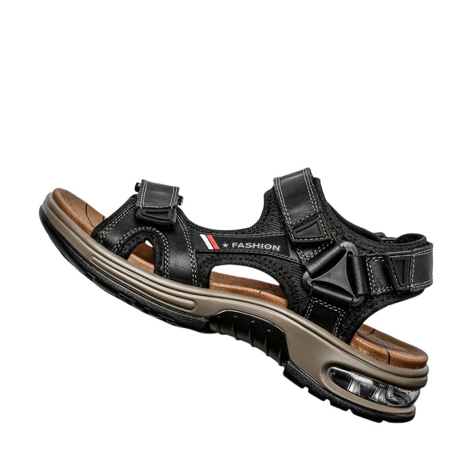 Men's Leather Open-Toe Beach Sandals - Casual Summer Sport Thick Sole, Adjustable Hook-and-loop Fastener Straps, Breathable Mesh Lining for Outdoor Activities