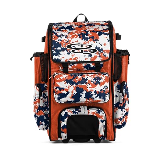 Boombah Rolling Superpack Baseball/Softball Gear Bag - 23-1/2" x 13-1/2" x 9-1/2" - Digital Camo Orange/Navy - Telescopic Handle - Holds 4 Bats - Wheeled Version