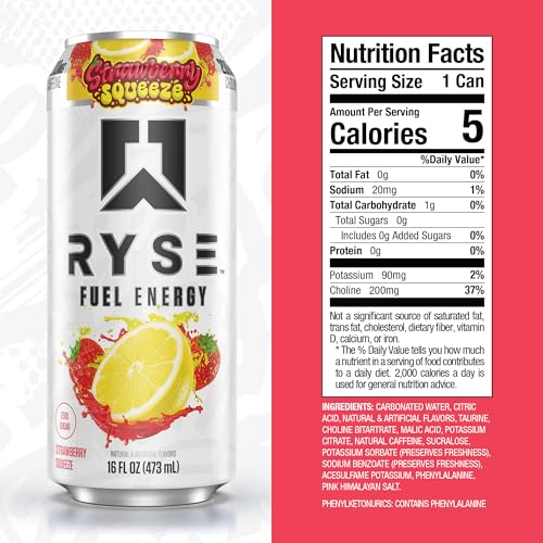 Image of RYSE Fuel Energy Drink - Strawberry Squeeze - Sugar Free, Gluten Free & Vegan - 200mg Natural Caffeine, Taurine & Choline for Focus & Energy - No Artificial Colors - 16 fl oz Cans (12-Pack)