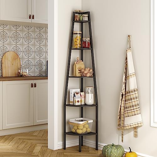Hoctieon Étagère d'angle, Bibliothèque 5 Niveaux, Style Industriel Meuble de Rangement, Stable Porte-Plantes Bureau d'angle pour Salon, Chambre, Cuisine,...