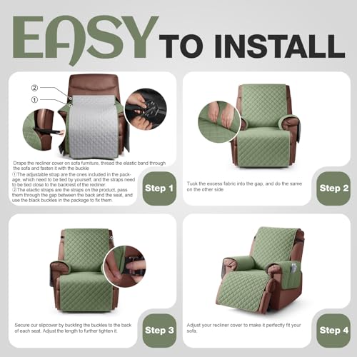 Image of KinCam 100% Waterproof Recliner Chair Cover, Reclining Couch Covers for Pets, Dogs, Recliner Couch Slipcover Furniture Protector with Elastic Straps for Kids(30 inch, Cactus Green)