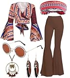 Ensemble complet femme – Comprend haut, pantalon évasé et accessoires disco pour une tenue festive