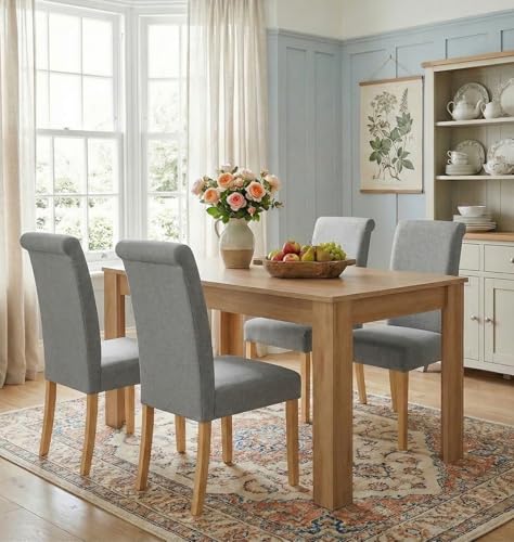 Hallowood Furniture Newquay Oak Dining Table and Chairs Set 4, 120cm Fixed Top Kitchen Table and Chairs in Roll Top Steel Grey Fabric Upholstery, Dining Room Sets for Home and Café