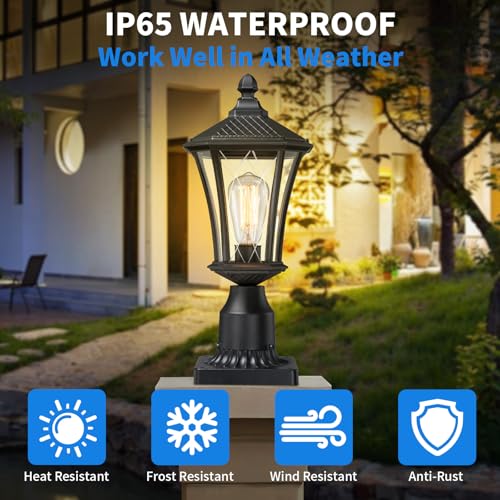 YSN Outdoor Post Lights 2 Pack, 16" Lamp Post Light Fixture, Black Pole Lights Outdoor, Waterproof Lamp Posts Outdoor Lighting with Pier Mount Base, Anti-rust Post Lamps for Outside Yard Garden Garage