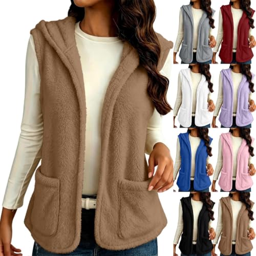 Womens Hooded Fleece Vest Fuzzy Sleeveless Open Front Jacket with Pockets - image 1