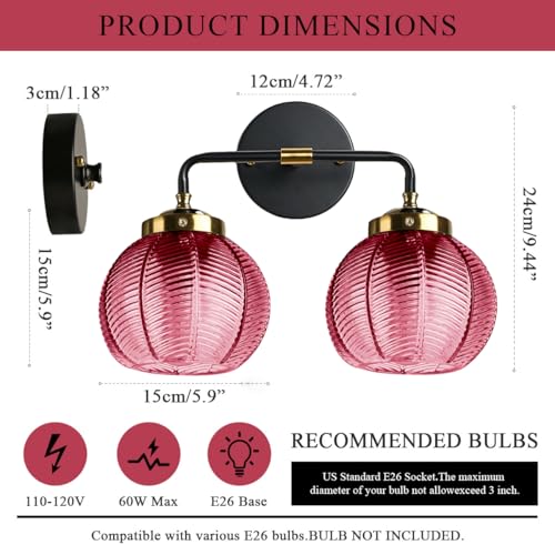 Image of Bathroom Lighting fixtures Modern Vanity Lights Red Ribbed Glass Shade 2-Lights Over Mirror Wall Sconce Vintage Gold Bathroom Light fixtures Black Wall Mount Light Farmhouse Sconces