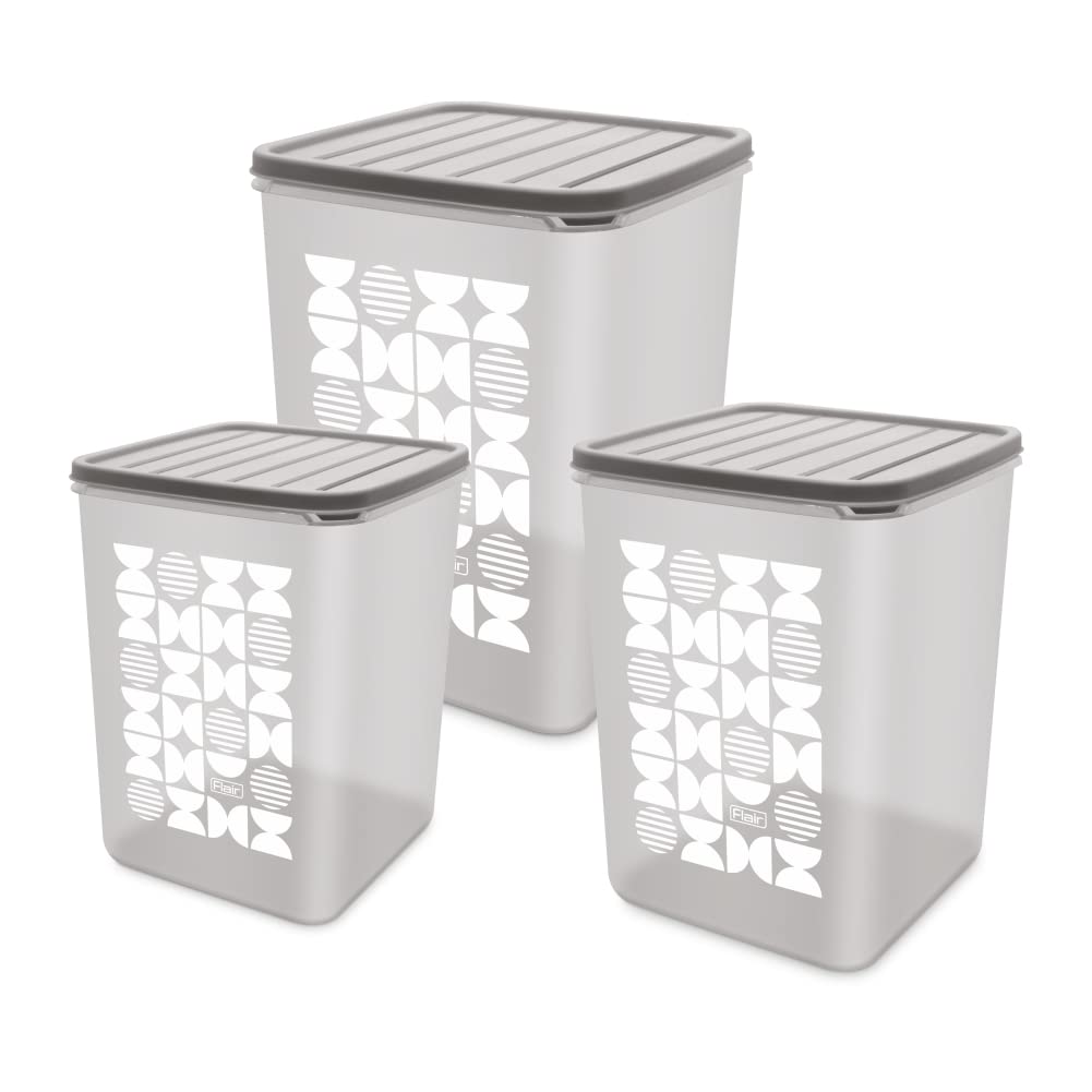 FLAIR Storewell Square Plastic Food Storage Container Set, Airtight Kitchen Containers for Rice, Atta & Grains, BPA-Free, Food Grade Storage Boxes (Grey, Set of 3 (2L, 3L, 4L))