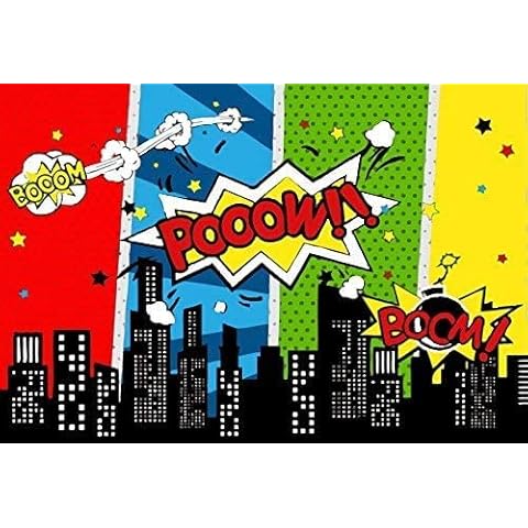 Renaiss 10x8ft Comic City Super Hero Backdrop Cartoon Humor Abstract Superhero Photography Background for Boy Kid Birthday Party Banner Vinyl Photo Video Shoot Studio Props Cover