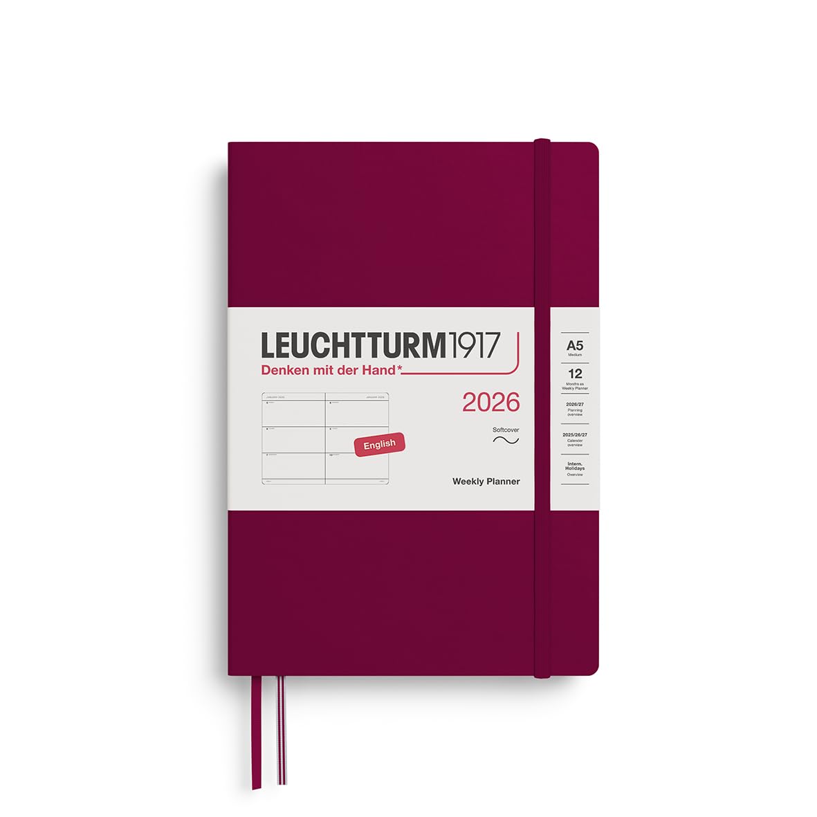 LEUCHTTURM1917 372738 Weekly Planner Medium (A5) 2026, 12 Months, Softcover, Port Red, English