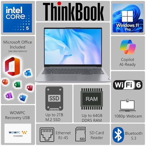 Image of Lenovo ThinkBook 16 Business Laptop, Intel Core i5-13420H (Beats i7-1355U), 16 inch WUXGA IPS Display, 16GB DDR5 RAM, 1TB SSD, Wi-Fi 6, RJ-45 Ethernet Port, Microsoft Office, Windows 11 Pro, WOWPC USB