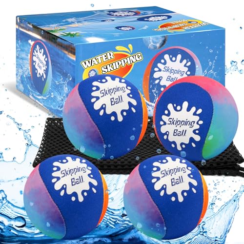 Korlon 4 Pack Skipping Water Balls Water Bouncing Ball with Mesh Bag Colorful Pool Toys for Kids Ages 4-8 8-12 Summer Swimming Lake Beach Fun