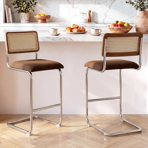 Image of Zesthouse Natural Rattan Counter Stools Set of 2, 26 inch Modern Boho Barstools | Mid Century Modern Barstools with Cane Mesh & Chrome Base, Vintage Chenille Fabric Counter Height Chairs for Kitchen, Brown