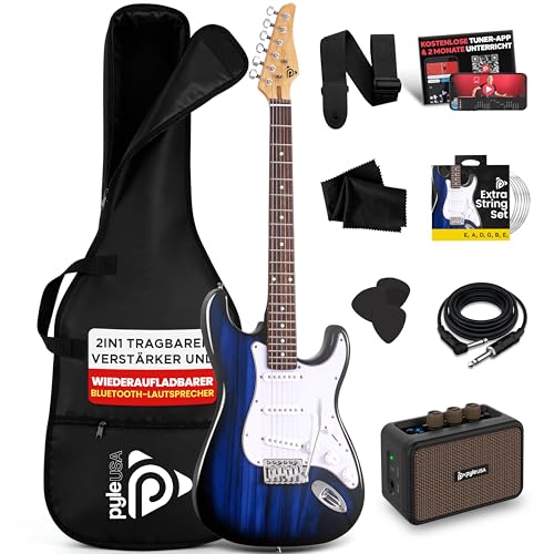 Pyle E-Gitarre Set Anfänger, ST-Gitarrenset mit 5W Verstärker, Gigbag, Gurt und Plektren, 22 Bünde, Blau