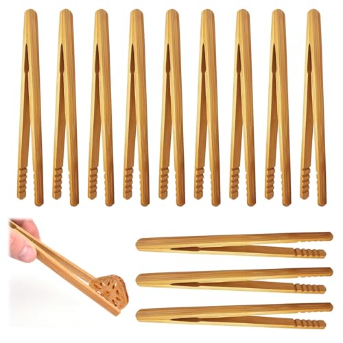 12 Stück Holzzange Holzzange Küche Grillzange Holz Bamboo Tongs Kitchen Kleine Bambus Holz Grillzangen Bambus Küchenklammern Toast Küchenzange Für Salat Grillen Braten-17.8cm