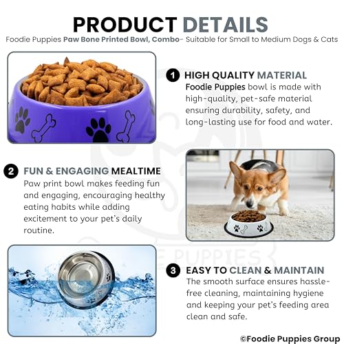 Image of Foodie Puppies Stainless Steel Dog Bowl Combo - (Medium, 700ml) Food and Water Feeding Gift Bowl | Suitable for Dogs, Cats and Other Pets I Paw Bone Print, Anti-Skid Rubber Base (Purple + White)