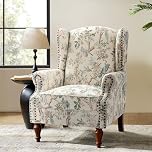 HULALA HOME Floral Fabric Armchair Pattern Wingback Design Roll Arm with Cutaway Sofa Rubber Wood Spindle Legs for Living Room, Bird