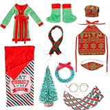 Rakuker 11 Pezzi Accessori per Elfo di Natale, Elfo Natale Accessori Costume, Accessori per Bambole Elfo Natale, Sacco a Pelo, Grembiule, Sciarpa, Occhiali, Maschera per Gli Occhi, Scarpe, Accappatoio