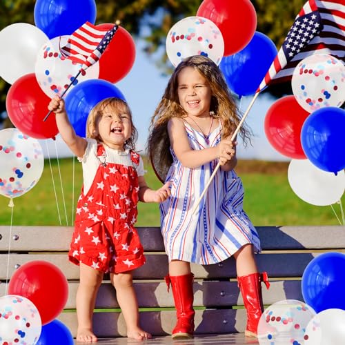 Image of RUBFAC 65pcs Red White and Blue Balloons 4th of July Patriotic Balloons Arch Garland Kit, 12 Inches Confetti Balloons for Independence Day Nautical Baseball Birthday Party Decorations
