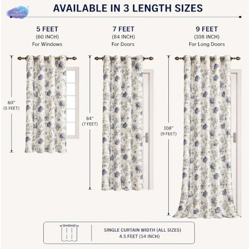 Image of Clasiko Block Print Sheer Window Curtains 40% Light Filtering Linen Textured Curtains with Eyelets | Set of 2 | 54x60 Inches / 5 Feet | Twilight Bloom