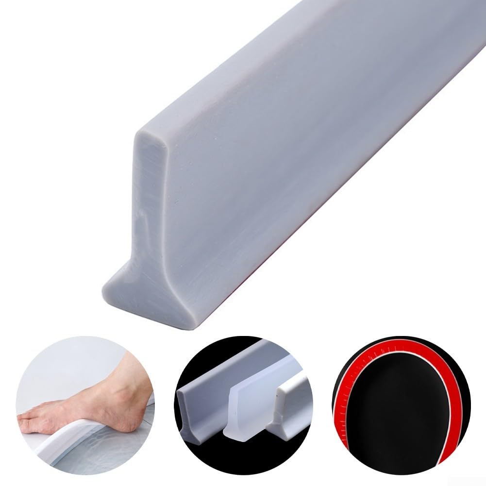 Striscia di barriera per doccia in silicone flessibile per il bagno, impermeabile, guarnizione per soglia per docce senza curvatura e ritenzione idrica (grigio, 2 m)