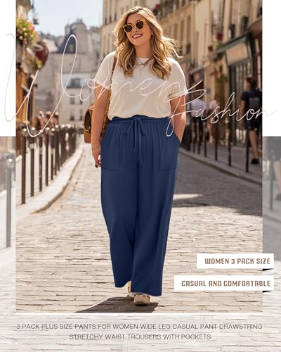 3 Pack Plus Size Pants for Women Wide Leg Casual Pant Drawstring Stretchy Waist Trousers with Pockets4